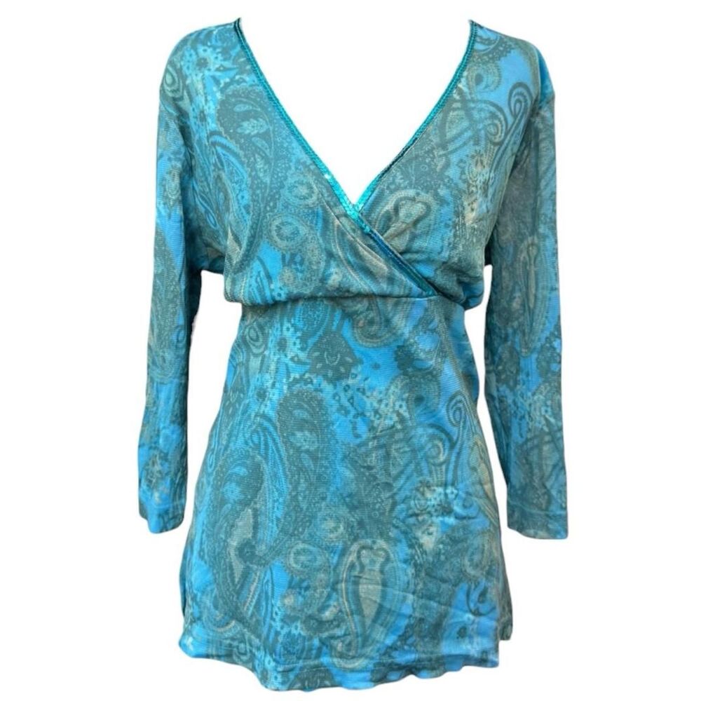 Y2K Deadstock New Blue Paisley Print Wrap Top Faded Glory Size XL